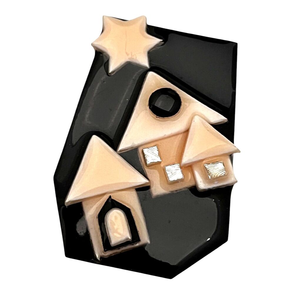 Vintage 1990s Lucinda House Pins Brooch Painted Resin House Scene - 11Y